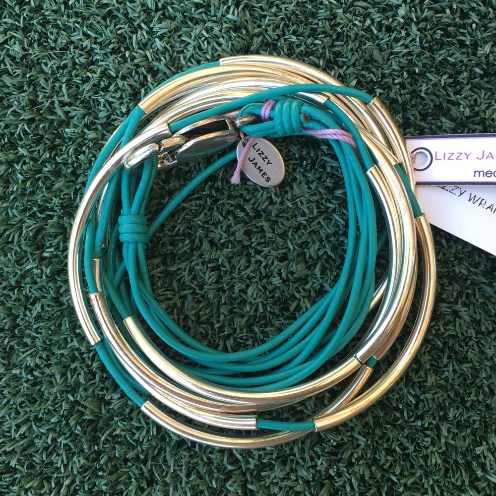 NWT Lizzy James Wrap Bracelet Necklace Gloss Silver Turquoise Cord